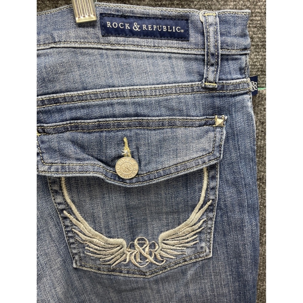 Rock & Republic Kendall Jeans Embellished Pockets Denim Blue Wash Size 16